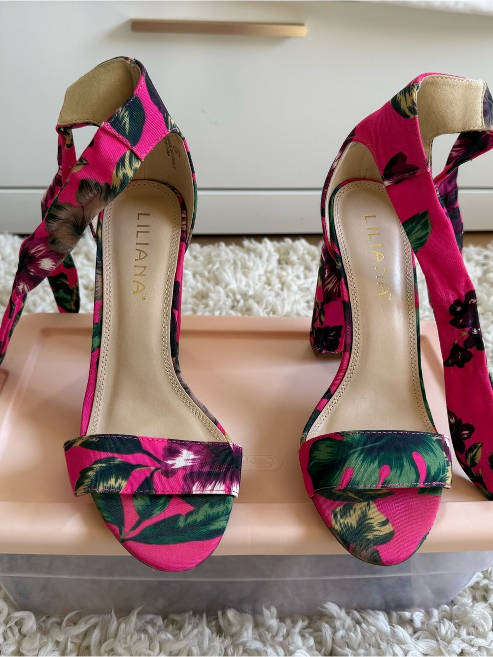 MIA Liliana Hot Pink Floral Ankle-Tie Block Heel Sandals